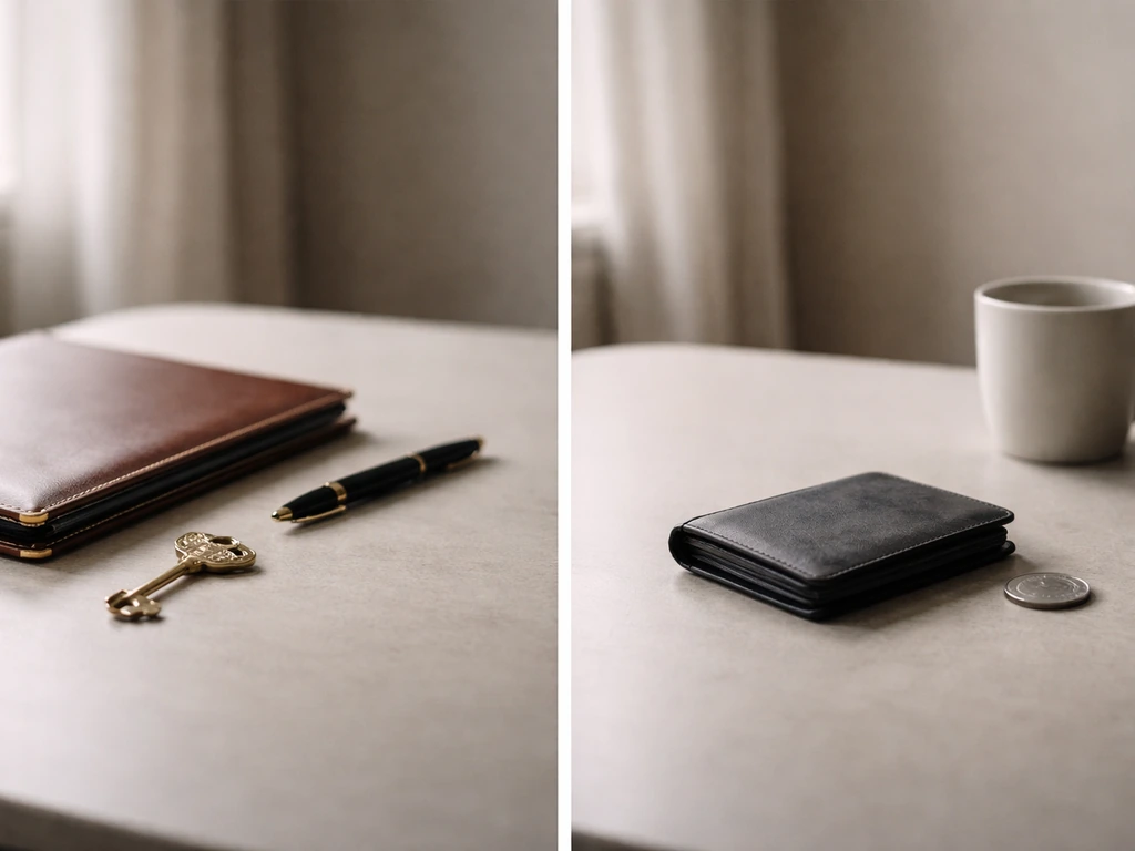 Minimal split scene with a fountain pen and a key on a desk, symbolizing family estate wealth vs personal assets