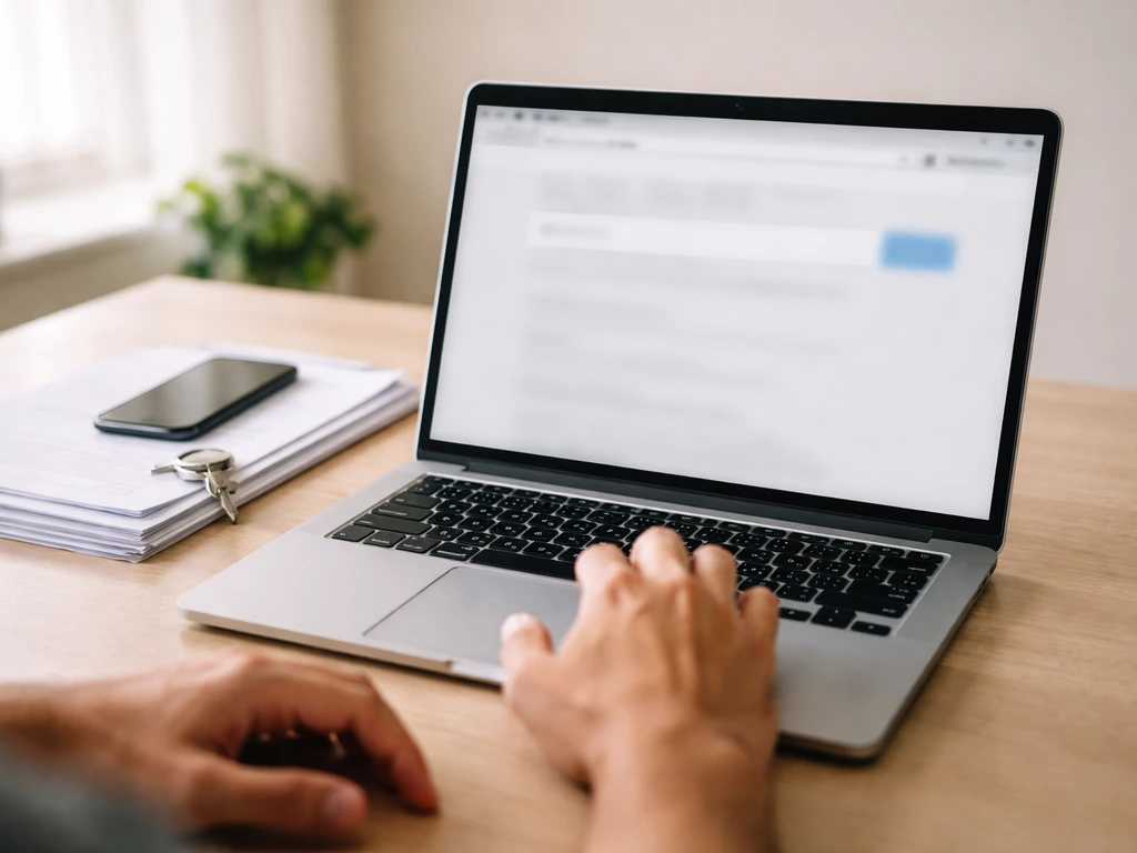 Person reviewing a blank laptop and printed documents at a desk, symbolizing cross-checking Companies House records.