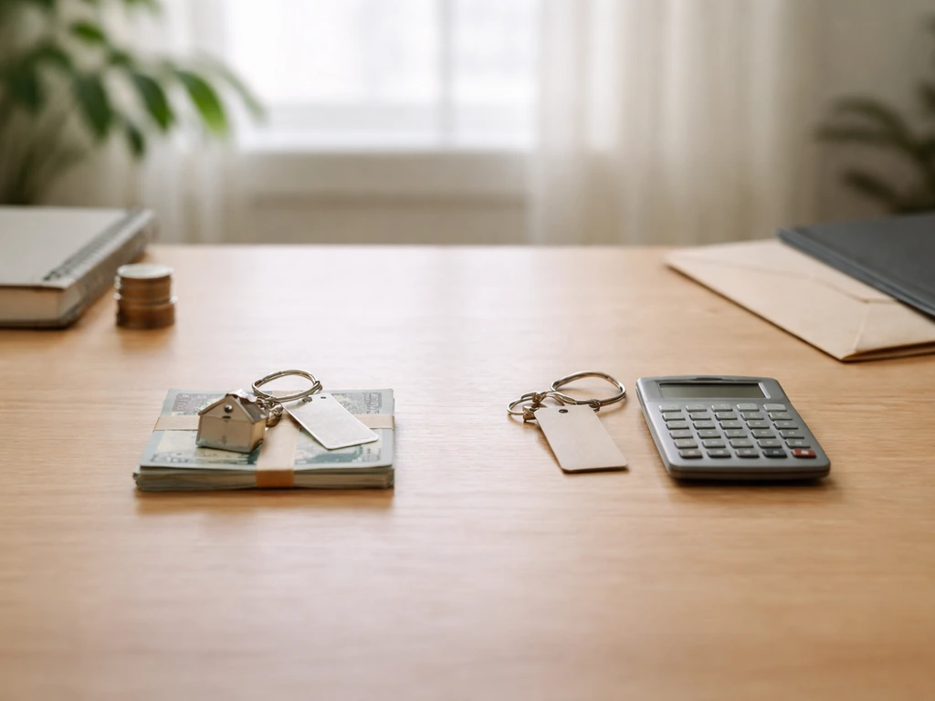 Minimal desk scene with coins and a house keychain versus a dark folder and envelope symbolizing assets minus liabilitie