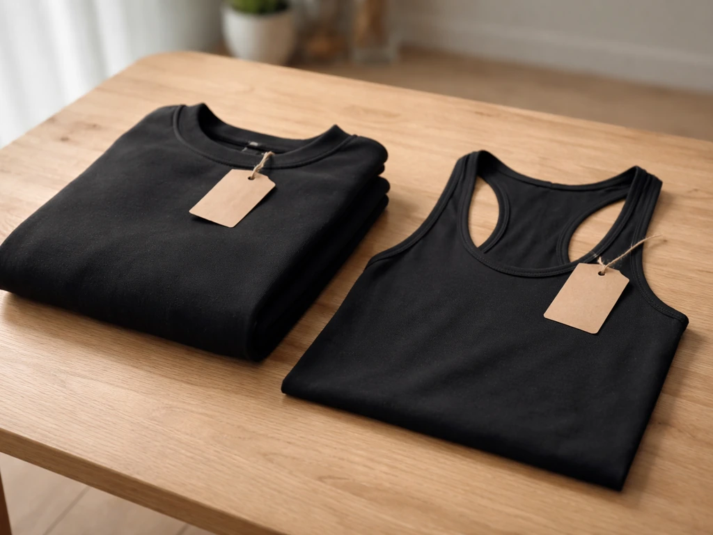 Black pullover and tank top laid on a wooden table with blank price tags tied by twine.