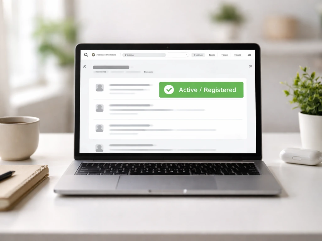 Laptop showing a business search results page with an active status panel in a simple office desk scene.