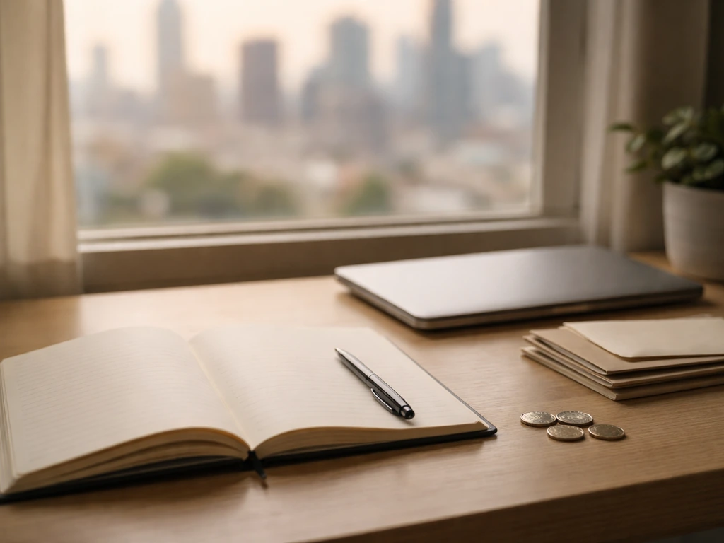 Minimal desk scene with a notebook, laptop, and scattered coins symbolizing net-worth assumptions