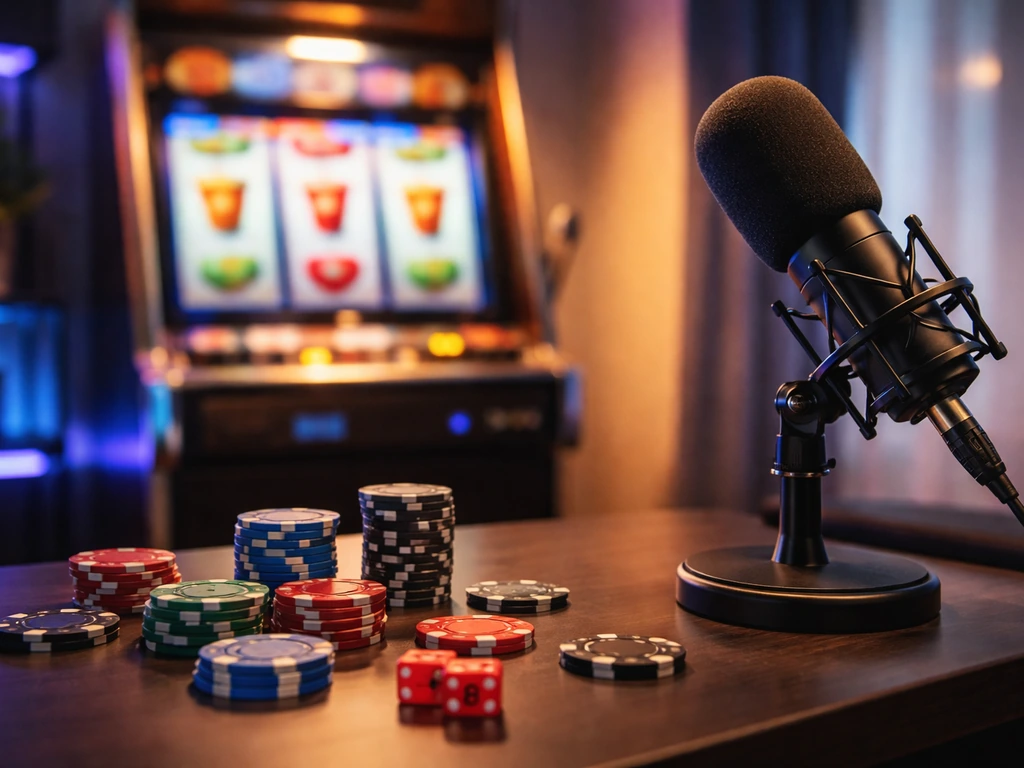 Casino-style slot machine and chips on a desk with a microphone, suggesting media and luck branding