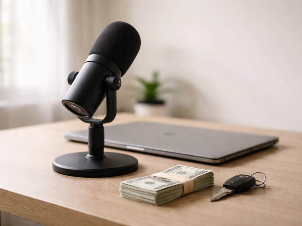 Minimal desk scene with microphone, laptop, and neatly stacked cash to symbolize income streams