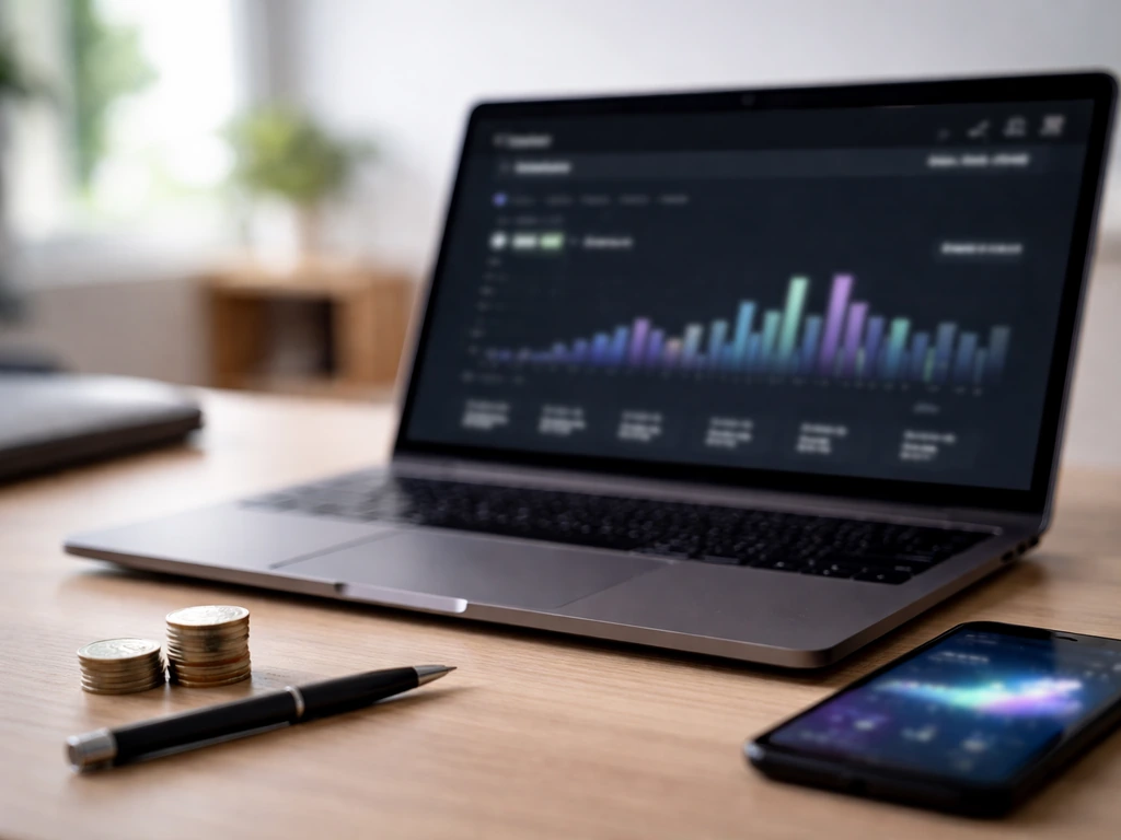 Laptop with blurred YouTube-style analytics dashboard on a desk, coins and phone nearby, natural light.