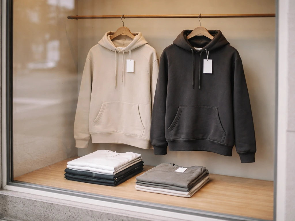 Merch storefront window with hoodies and tees on display, small visible price tags.