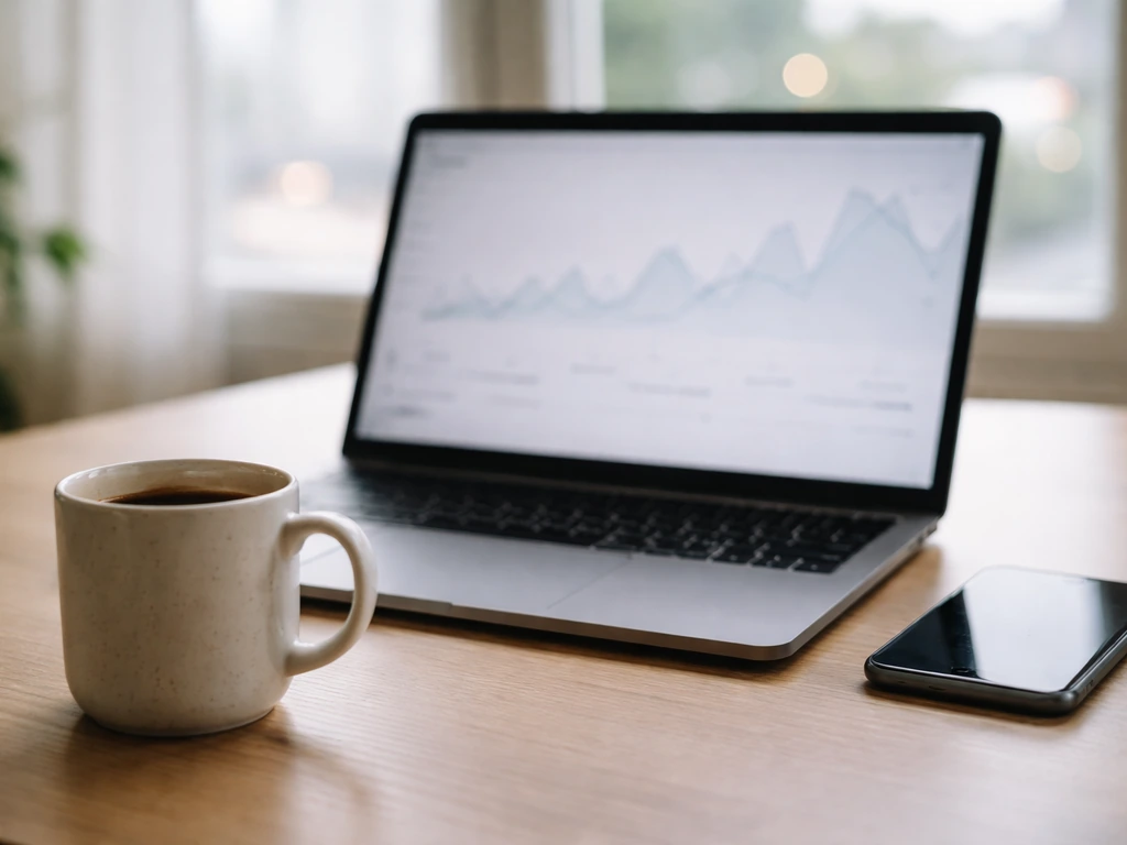 Anonymous laptop on a desk displaying blurred social-media analytics trends, validating a business estimate