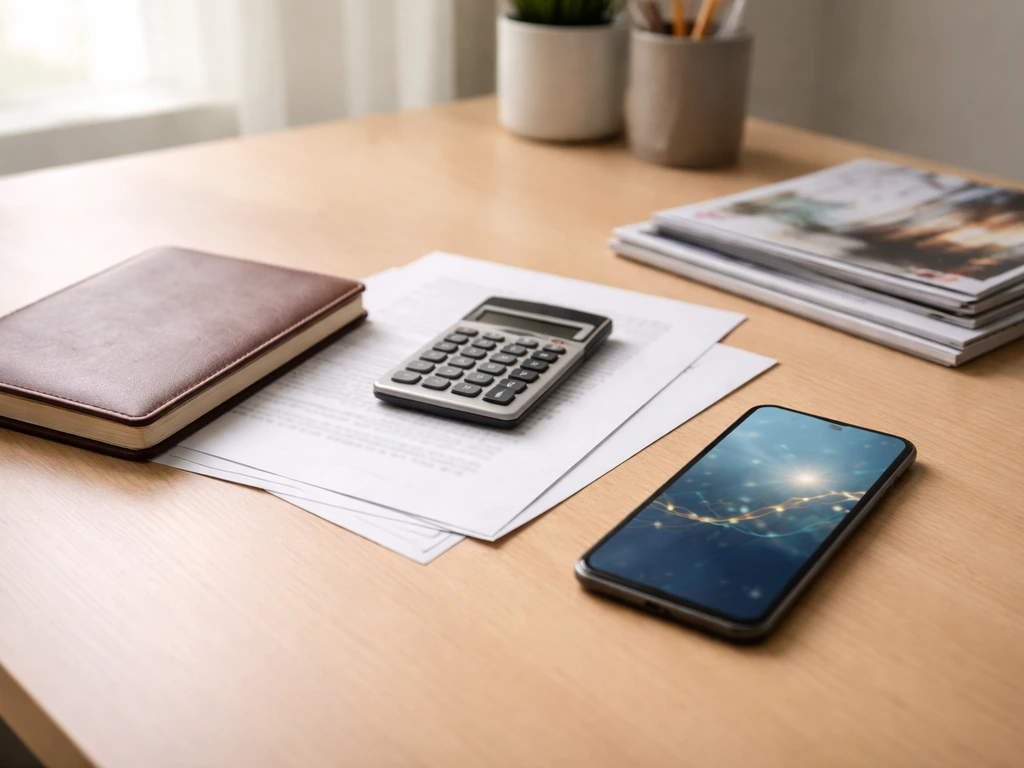 Minimal desk scene with a calculator, scattered documents, and a smartphone showing abstract finance content.