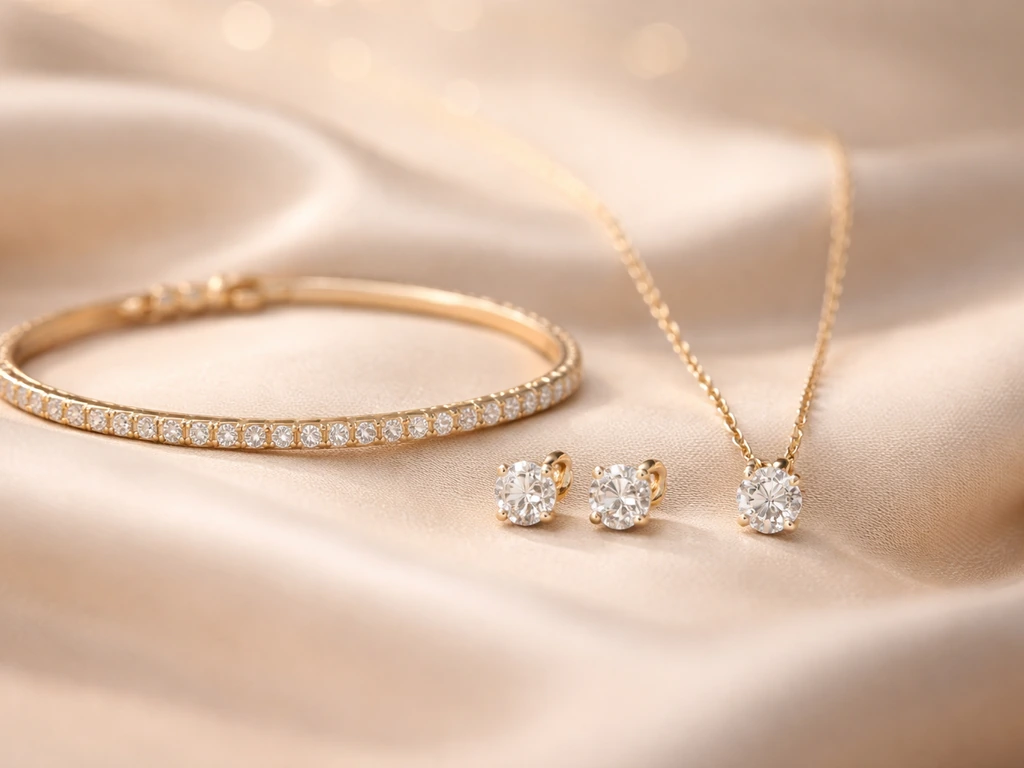 Close-up of gold bracelet, pendant necklace, and stud earrings on neutral satin fabric.