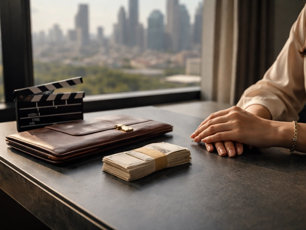 Anonymous hands on a production desk with a clapperboard and luxury items, symbolizing film earnings building wealth.