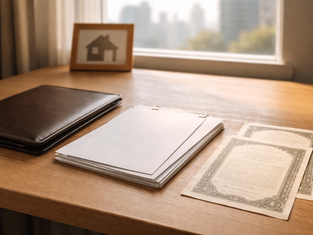 Minimal scene showing a small set of real estate and investment documents on a desk with sunlight