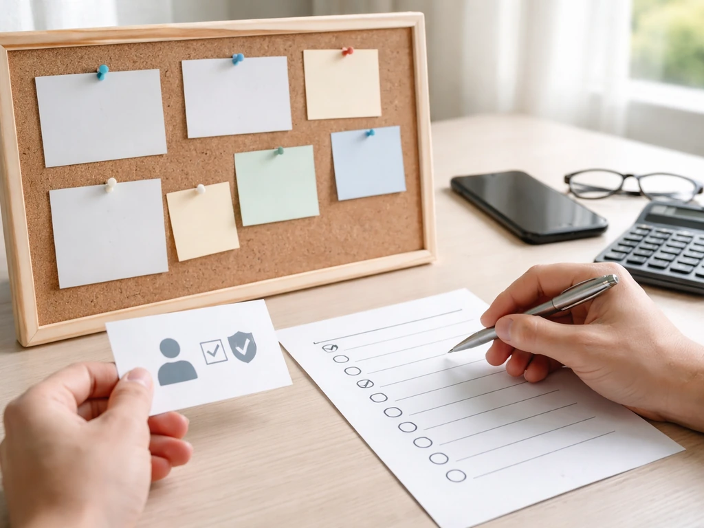 Hands reviewing a simple checklist-like board with notes and a calculator beside a phone