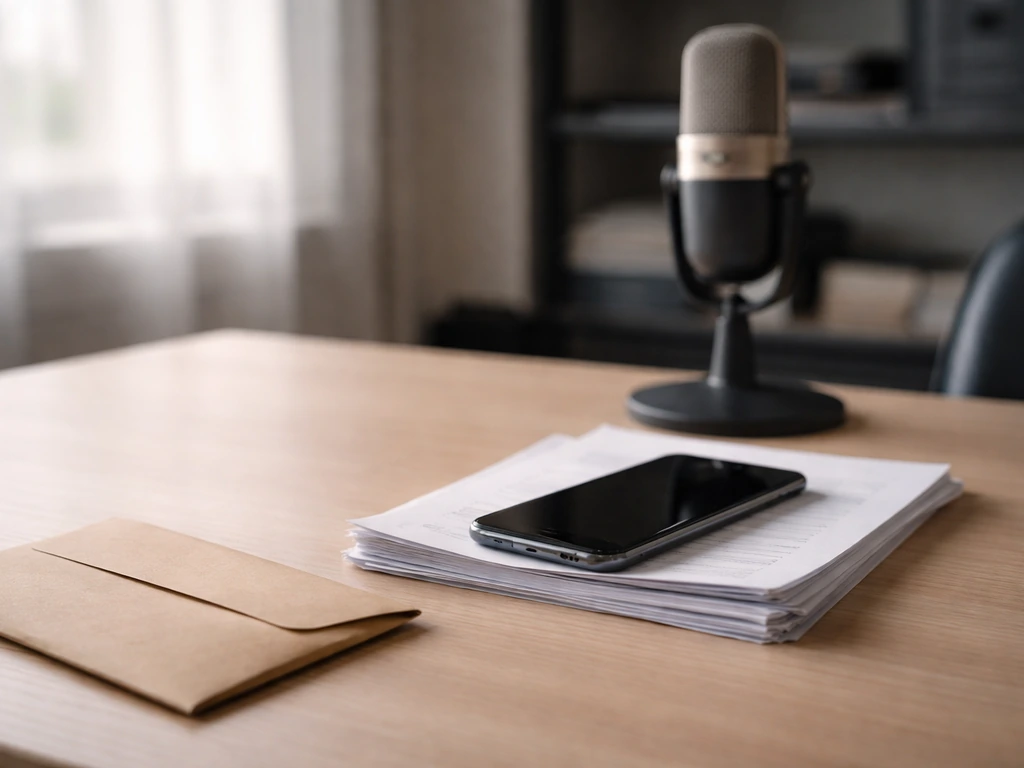Minimal photo of a film studio desk with a smartphone, cash envelope, and microphone near scattered scripts