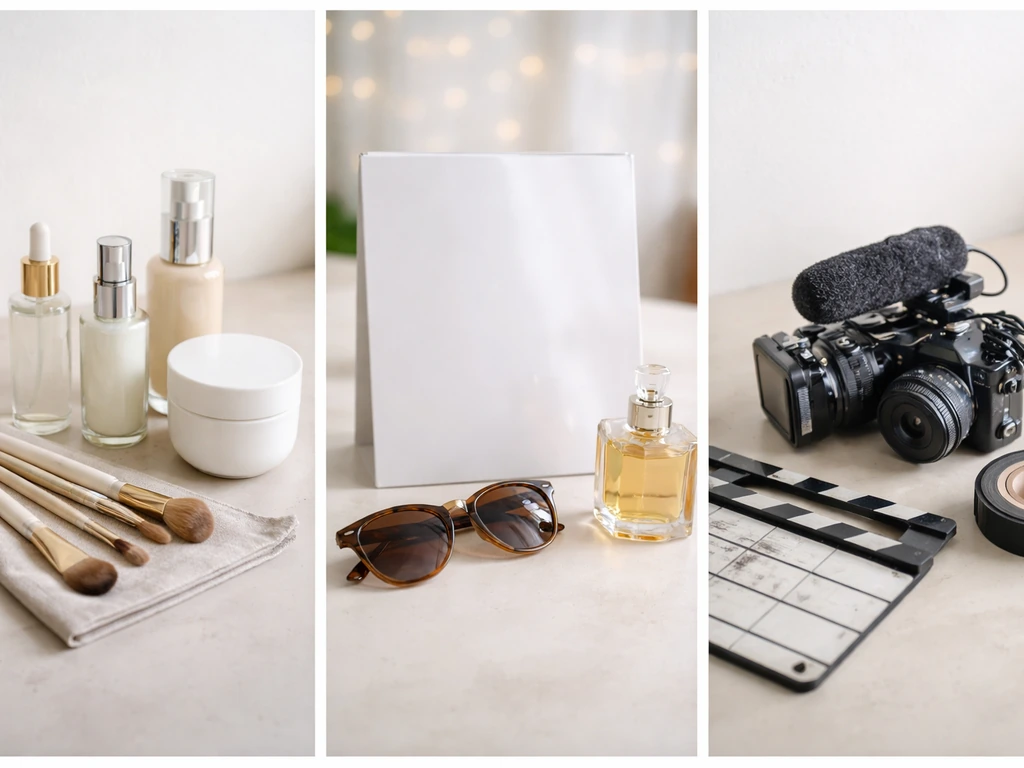 Minimal tabletop collage of three vignette setups: skincare bottles, lifestyle items, and a clapboard and camera rig.