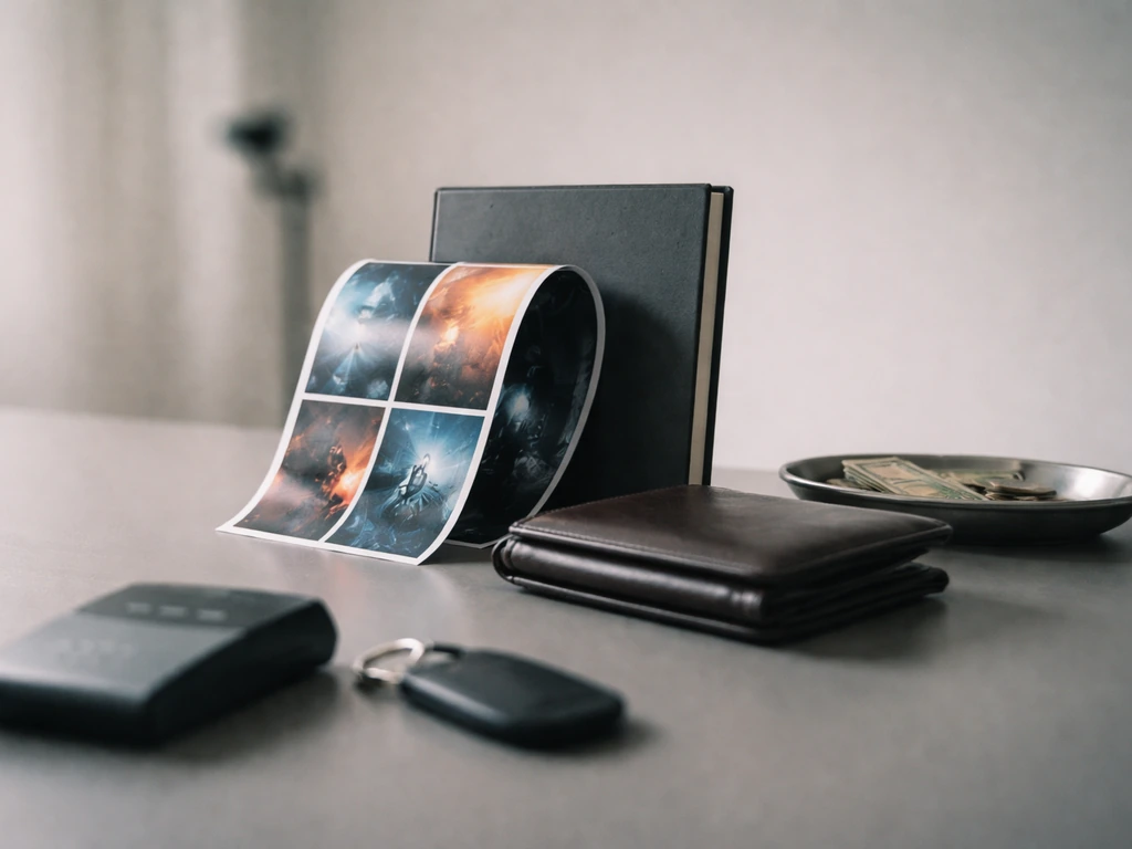 Minimal shot of a movie poster strip beside a money-focused payment device, symbolizing stacked income sources.