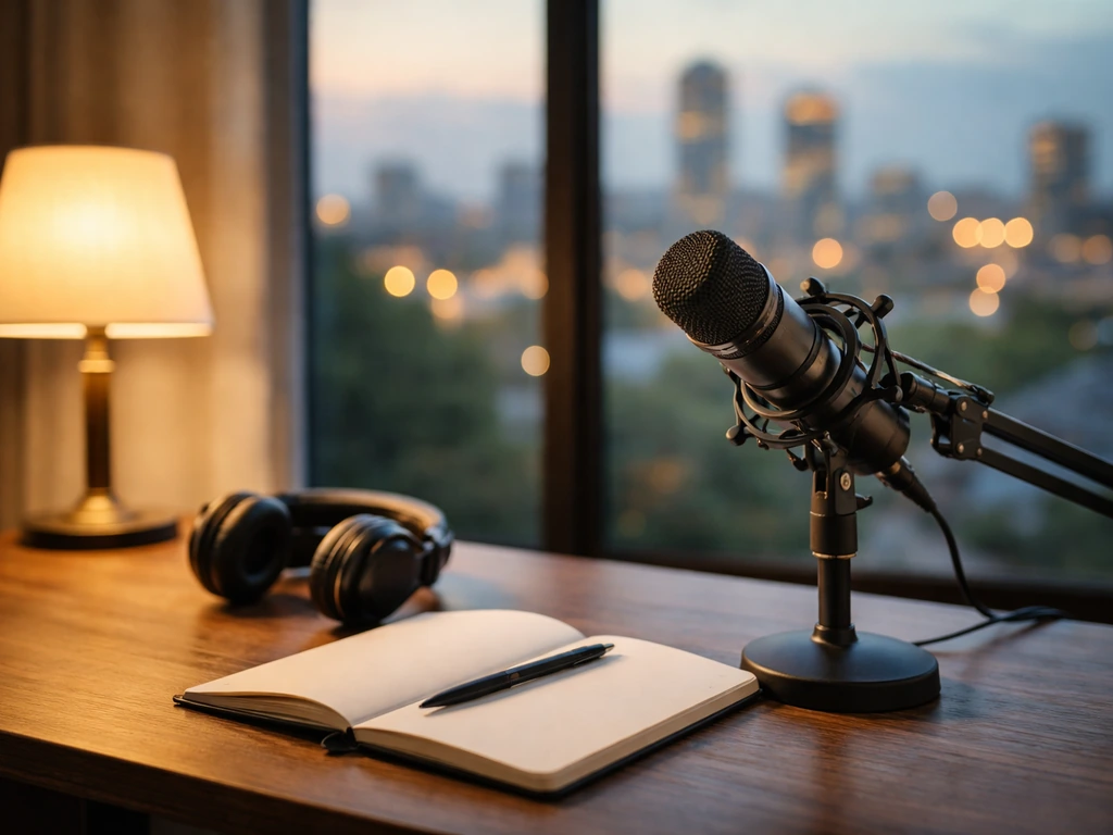 A candid studio desk with a lit microphone and a blurred city skyline at dusk, suggesting media and finance.