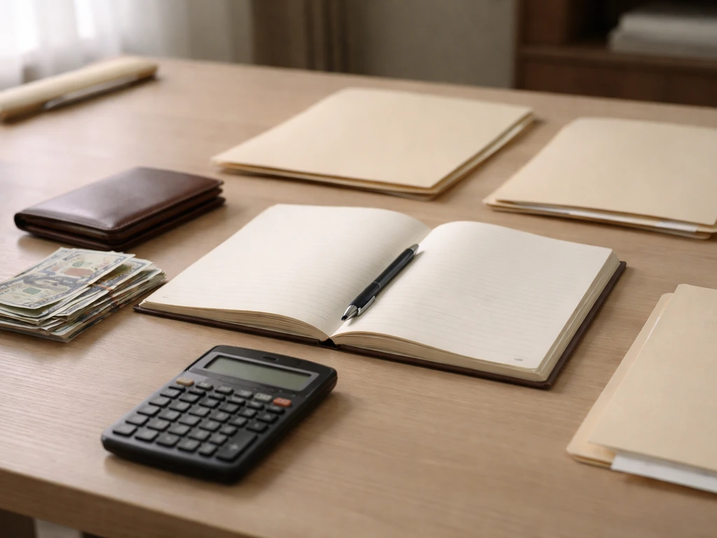Minimal desk scene with neatly arranged cash, wallet, and a notebook suggesting step-by-step net worth estimation.