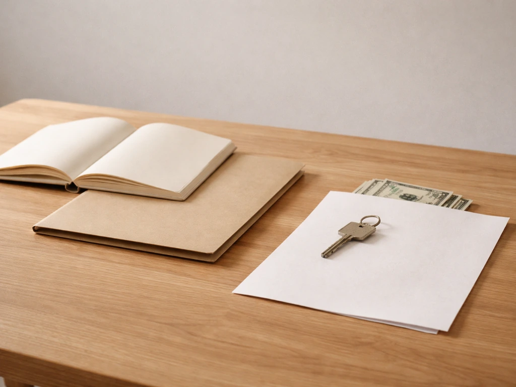 An open notebook and scattered US bills beside a house key and folder, suggesting debts subtracted from assets.
