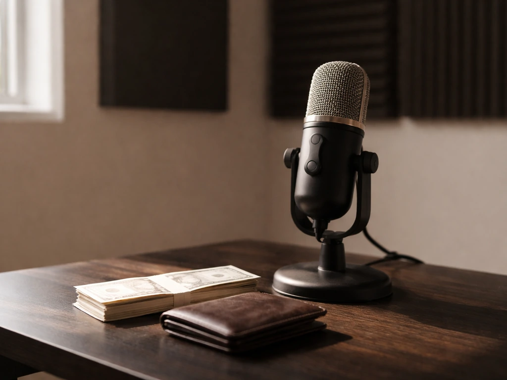 Minimal studio desk with a vintage microphone and scattered cash-like props symbolizing actress wealth rankings.