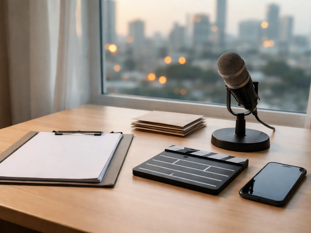 Minimal desk scene with contracts and media tools symbolizing income sources and investments.