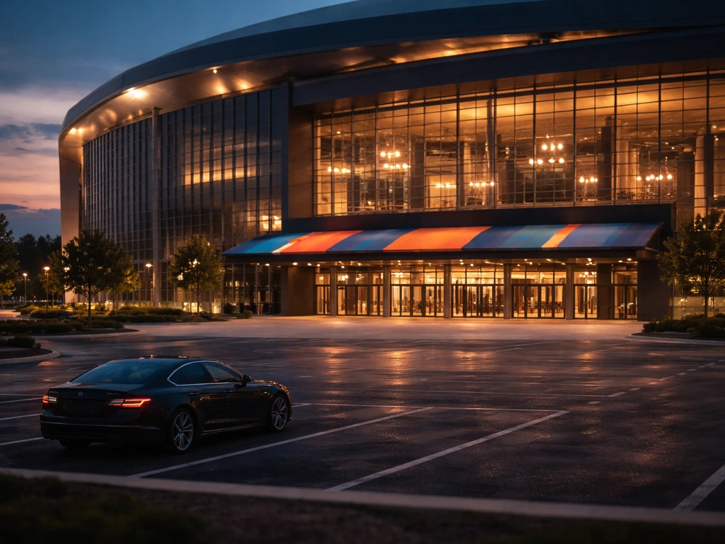 Warmly lit NBA arena exterior at dusk with modern entrance and sleek car, symbolizing elite sports ownership.