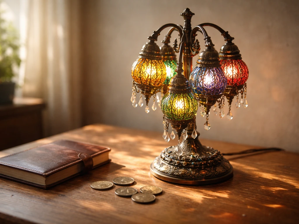 Vintage glass lamp with warm reflections, coins, and a notebook on a simple wooden desk.