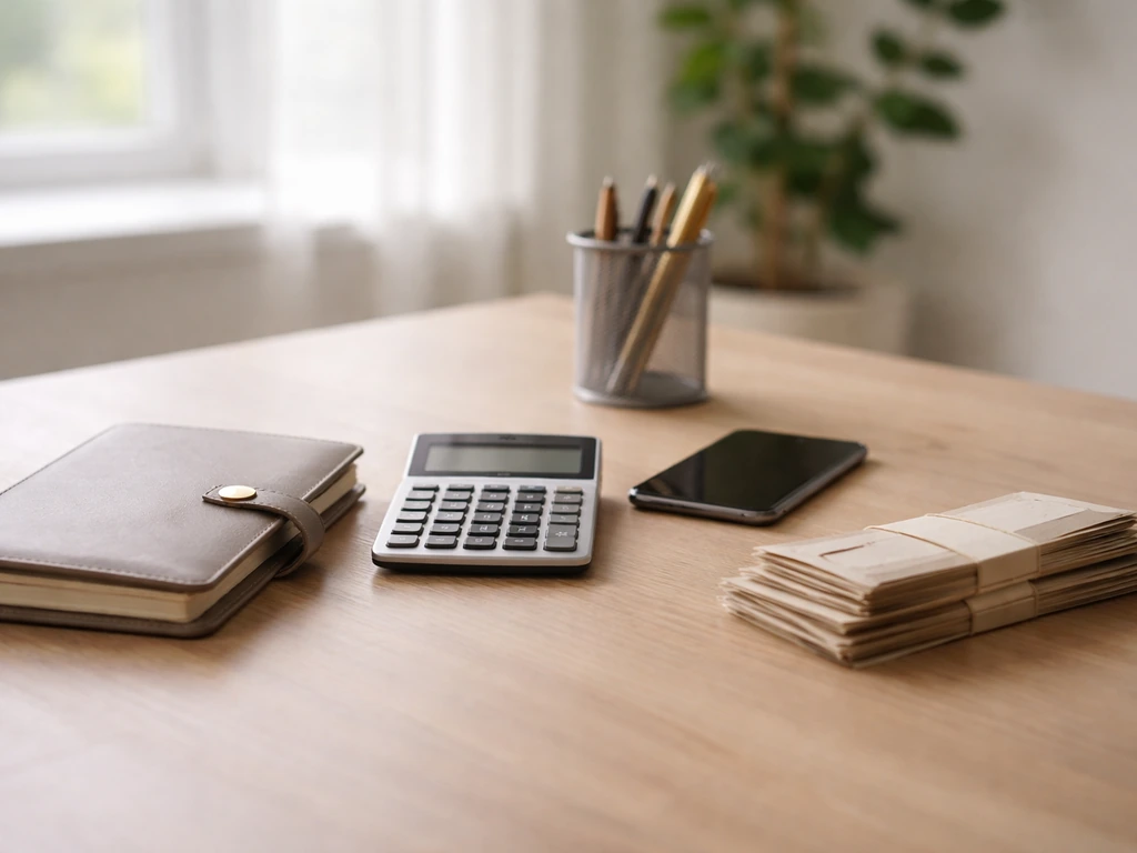 Minimal home-office desk with calculator and cash envelopes, suggesting income estimation without any text.