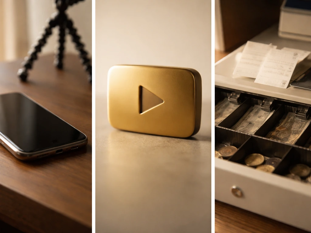 Minimal collage of smartphone, metallic play-button motif, and open register drawer suggesting media and commerce.