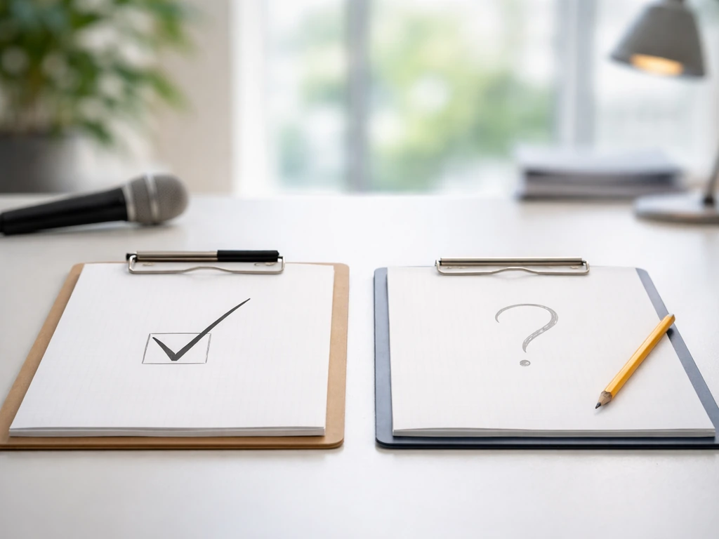 Minimal desk scene with two note cards: one checked, one marked uncertain, symbolizing confirmed vs estimated.