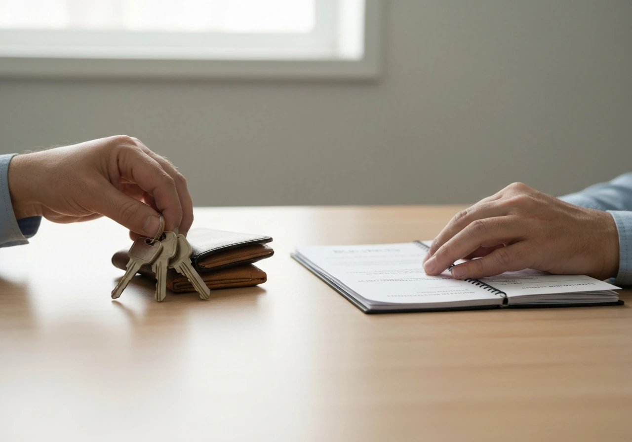 Hands sorting keys and a wallet versus business documents on a simple desk.