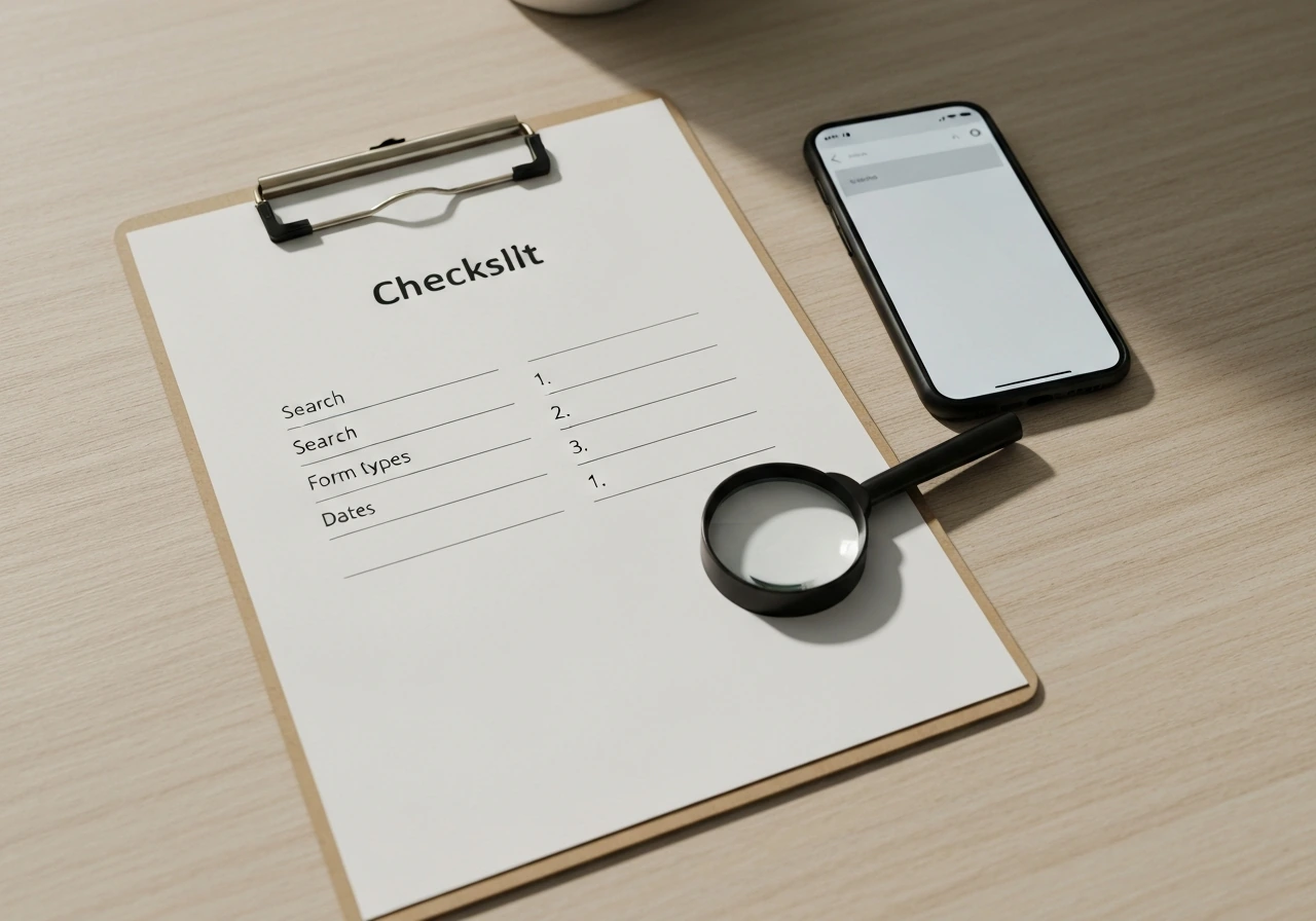 Minimal photo of a clipboard-style checklist with example entries, research and finance theme.