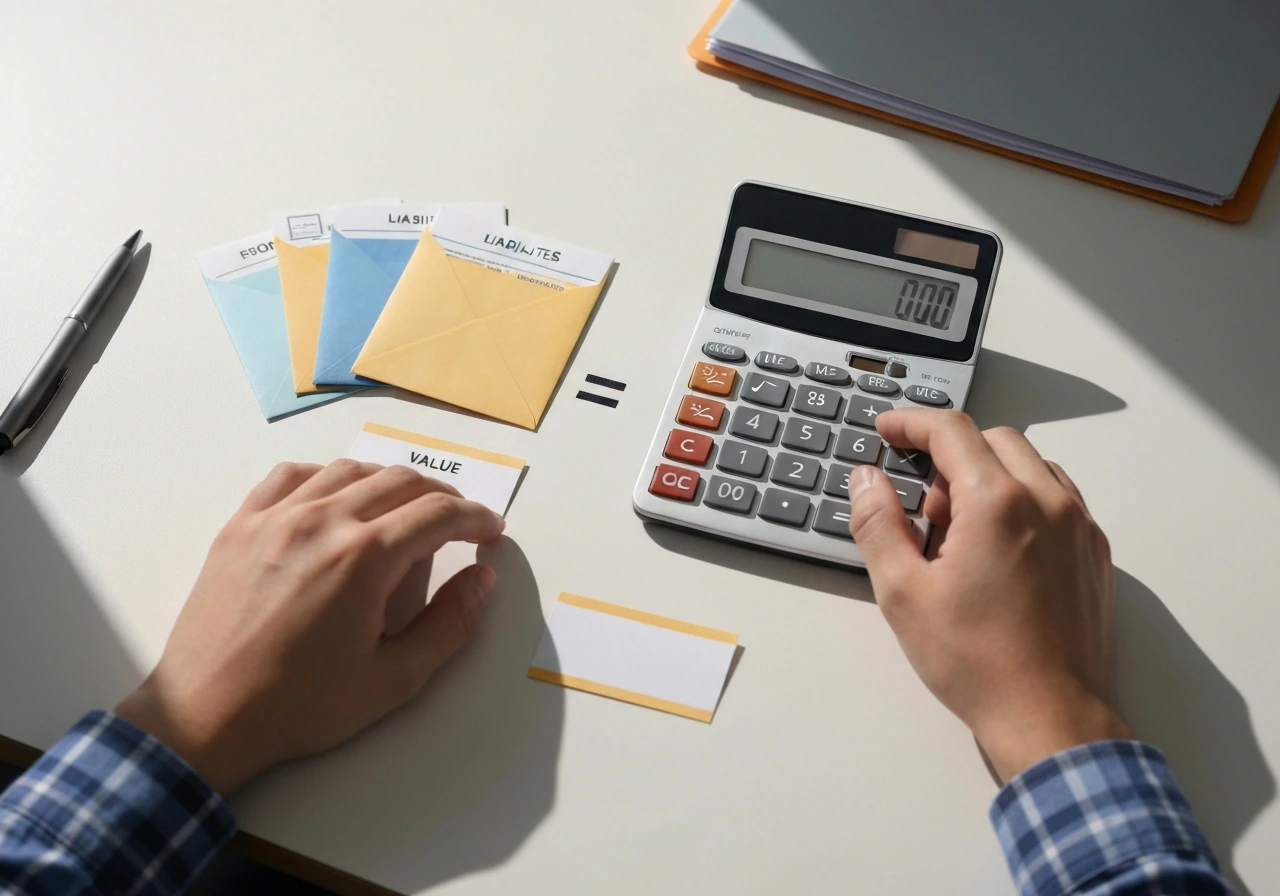 Hands placing a mortgage envelope beside a calculator and asset cards showing Assets minus Liabilities.