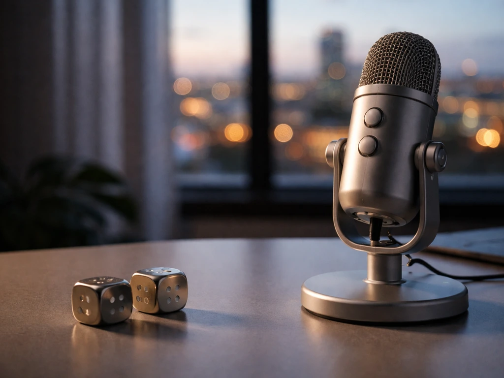 Close-up of a pair of dice beside a studio microphone with soft city bokeh, symbolizing creator earnings
