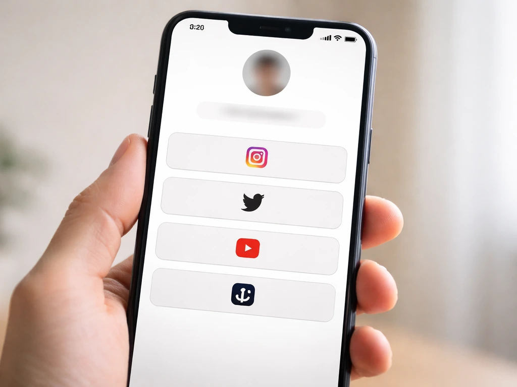 Close-up of a phone screen showing a simple identity hub page with linked social platform icons