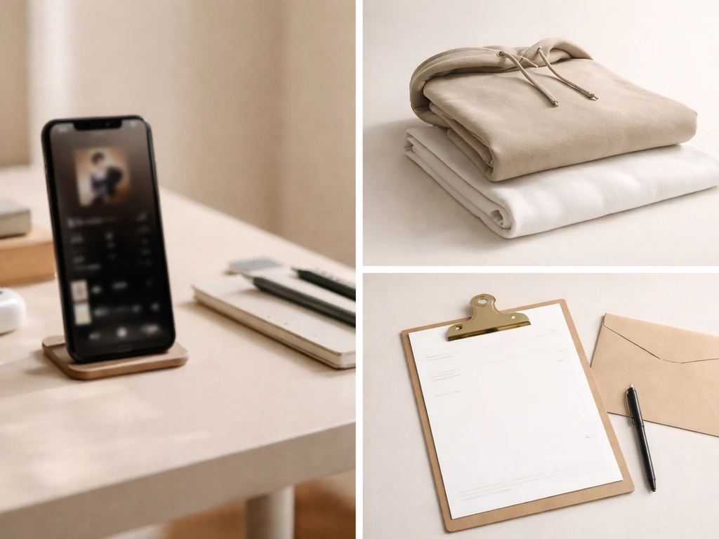 Phone, blank invoice, and neatly stacked merch items on a desk showing creator income streams.