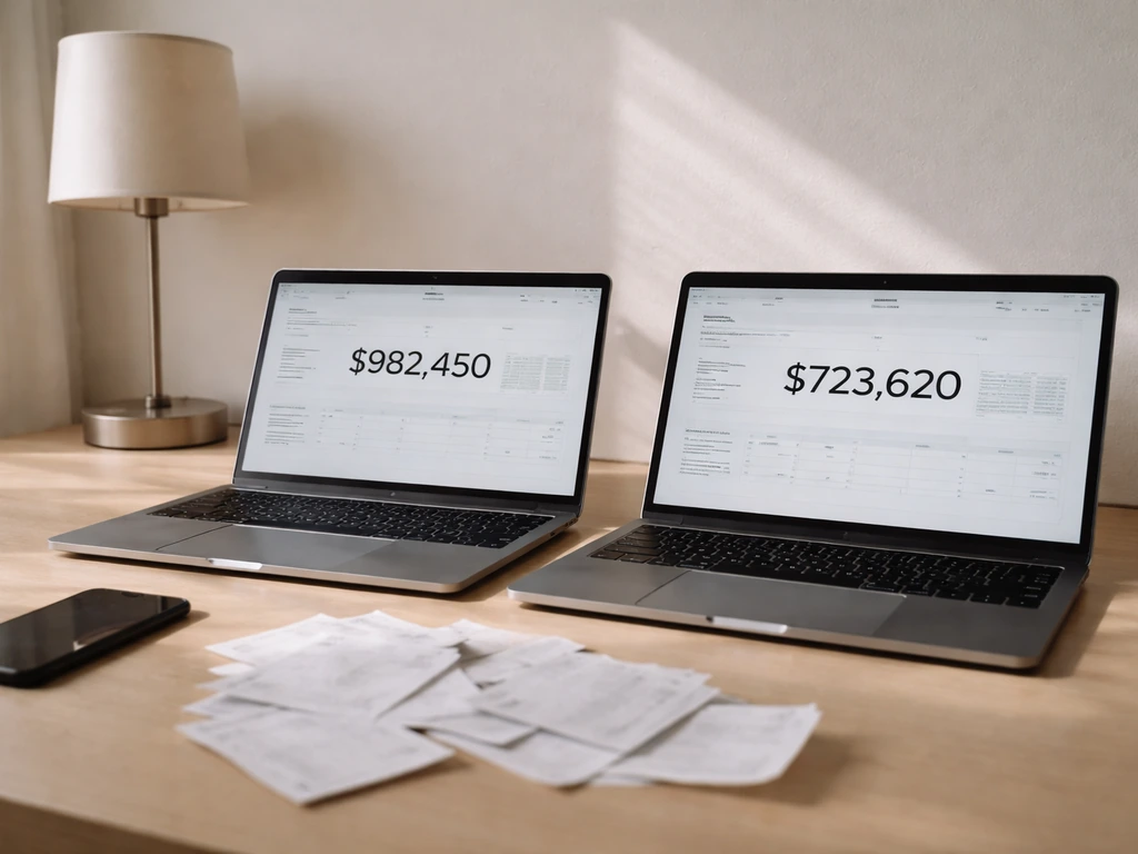 Two open laptops on a desk showing different financial figures, symbolizing conflicting net worth estimates.