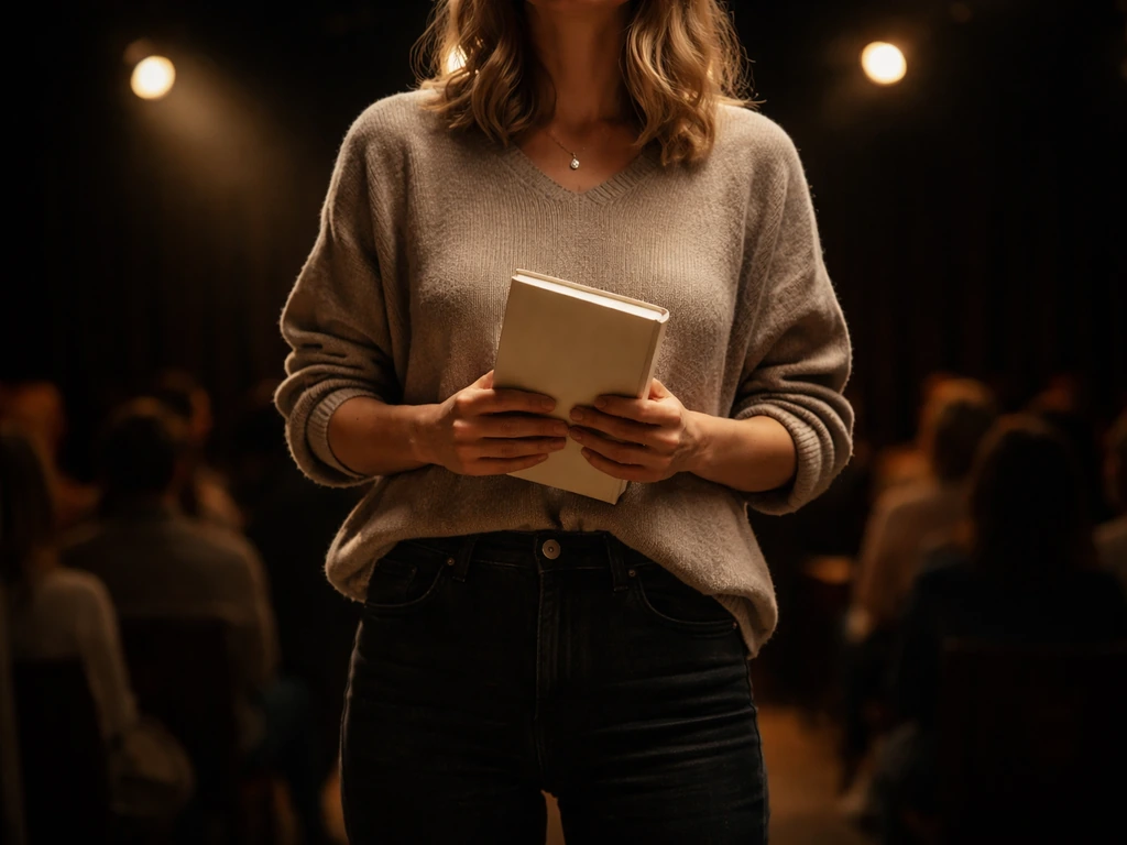 Anonymous book-industry author at a dim event venue holding a paperback, audience lights in background