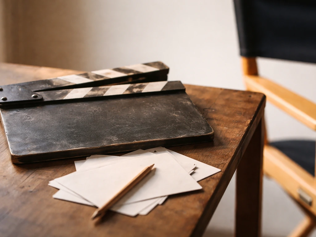 Close-up of vintage film clapboard and cue cards beside a director’s chair, evoking book-to-film memorabilia.