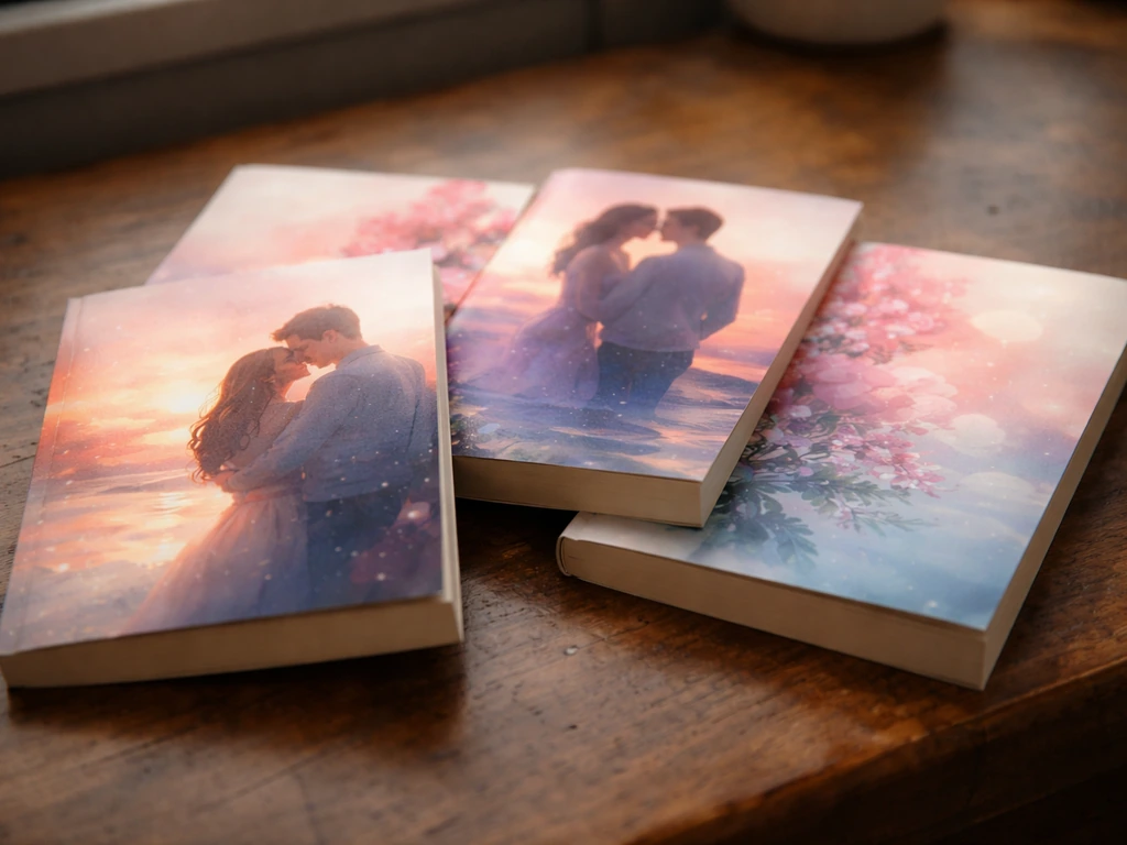 Spines of a few used paperback books arranged on a wooden desk, soft daylight, focused on cover textures.