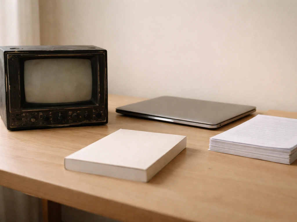 Vintage TV studio prop beside a laptop and printed manuscript pages, suggesting fanfiction to book publishing.
