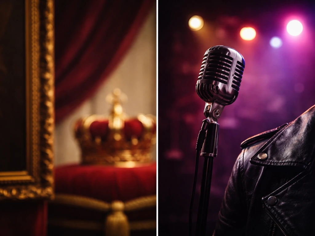 Split-scene photo showing royal-class setting and rock-music vibe tied to wealth curiosity.