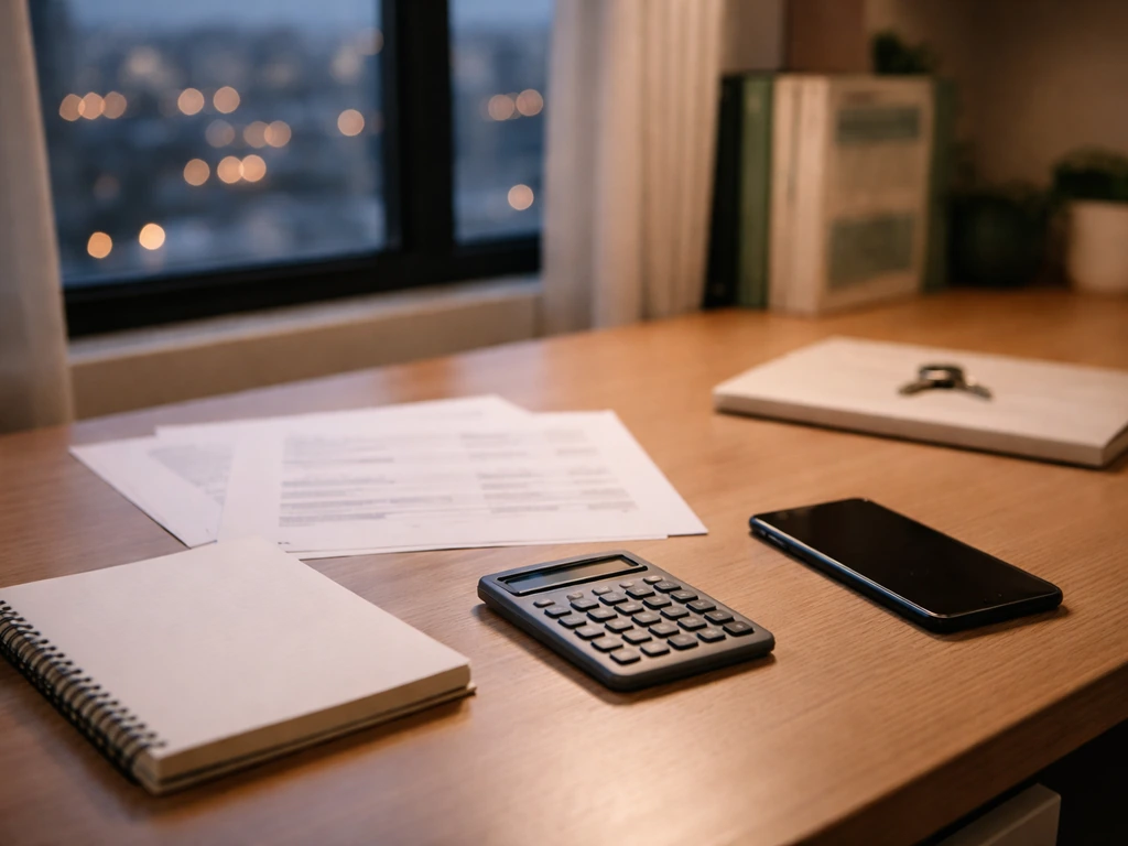 Minimal desk scene with blurred papers and a calculator, symbolizing differing wealth-estimate inputs