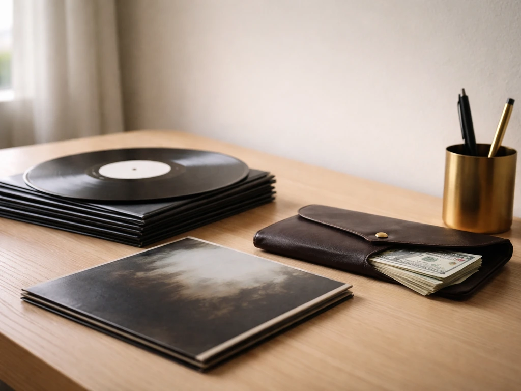 Minimal office scene with a vinyl record and cash envelope, symbolizing band catalog value and wealth analysis.