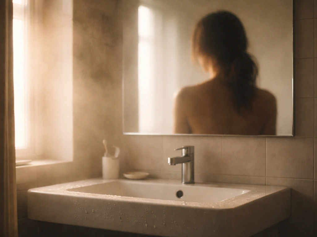 Blurred anonymous figure near a bathroom mirror and sink in warm natural light, moody cinematic vibe.