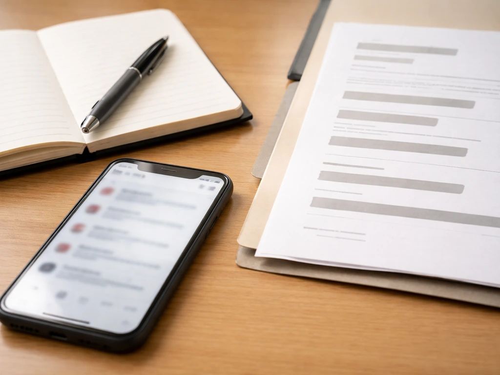 Desk with a phone showing blurred search results, a blank notebook, and redacted business document folder.