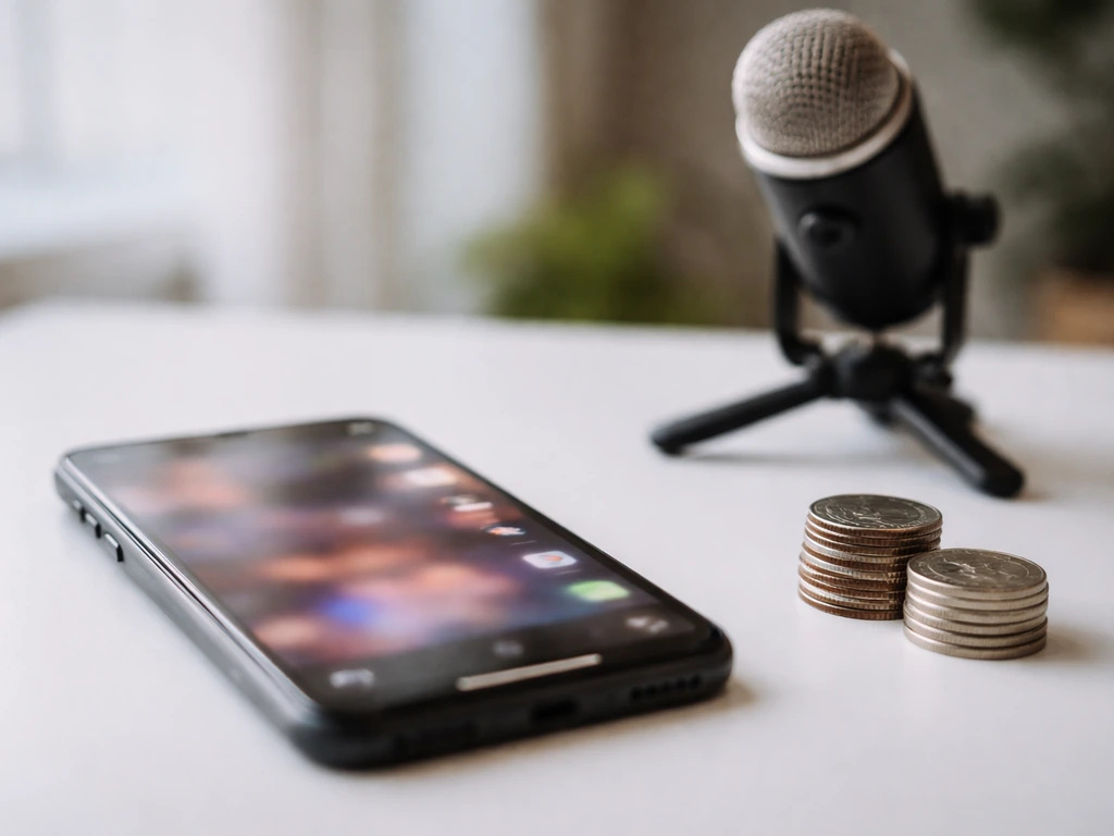 Phone, microphone, and coins on a desk suggesting TikTok creator monetization inputs and estimated earnings.