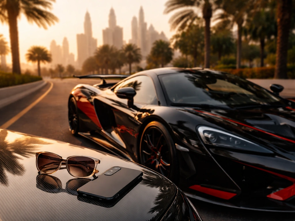 Luxury supercar in Dubai at golden hour with phone and sunglasses on the hood, no identifiable person.