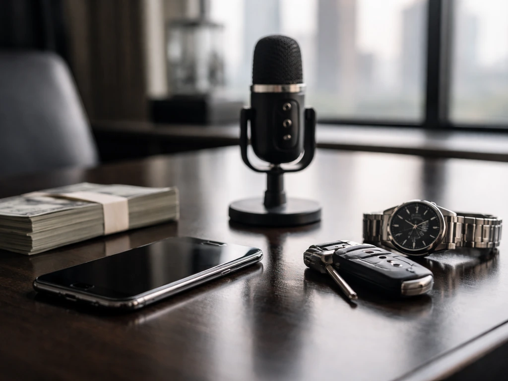 Minimal photo of a luxury desk with smartphone, microphone, and scattered cash symbolizing media and wealth factors