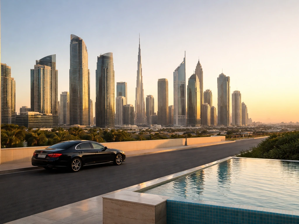 Luxury Dubai skyline at golden hour with a financial district vibe and subtle tax-exemption symbolism