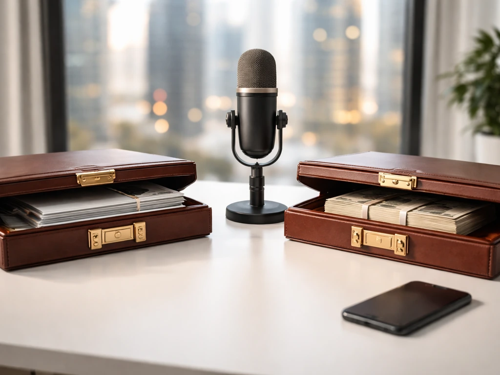 Two briefcases, microphone, and face-down phone on a desk suggesting side-by-side estimate comparison.